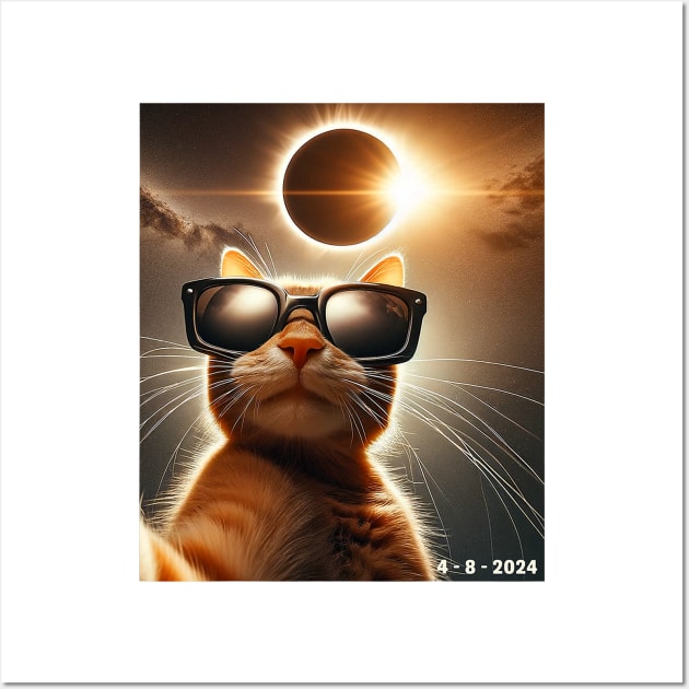 cat taking a selfie with solar 2024 eclipse wearing Glasses Wall Art by Mitsue Kersting